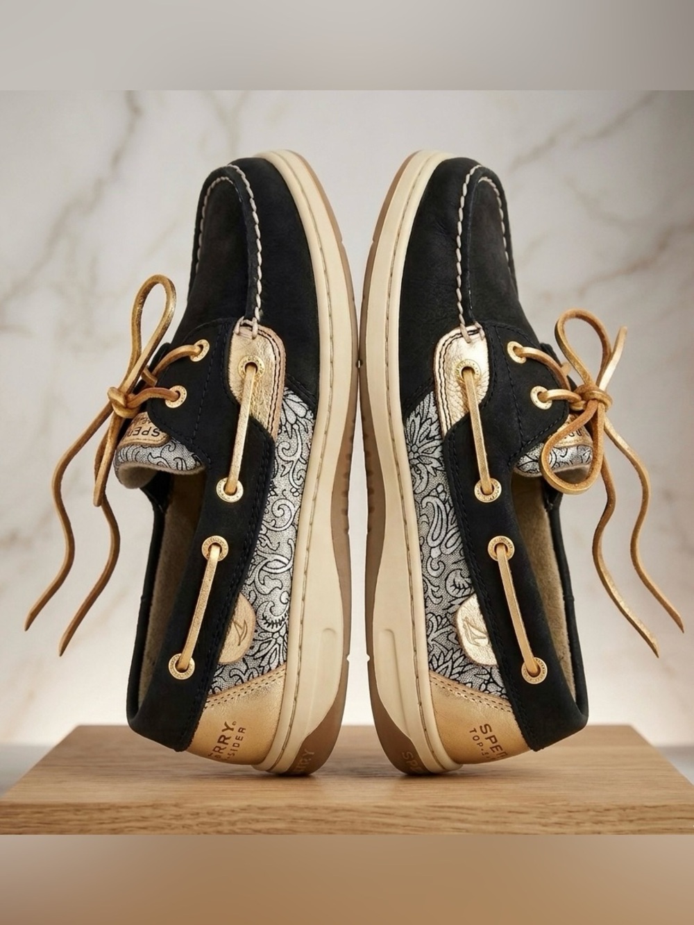 Sperry Angelfish Top-Sider Black and Gold Paisley Leather Boat Shoes size 8